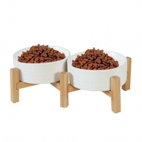 Zolux Keramo Duo ceramic bowls on bamboo stand