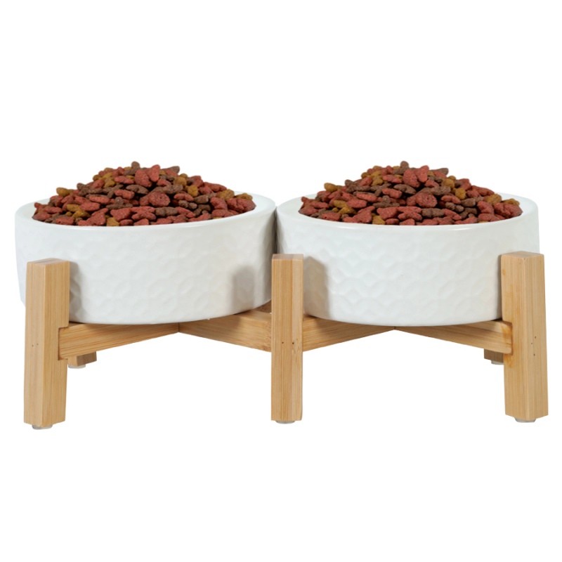 Zolux Keramo Duo ceramic bowls on bamboo stand